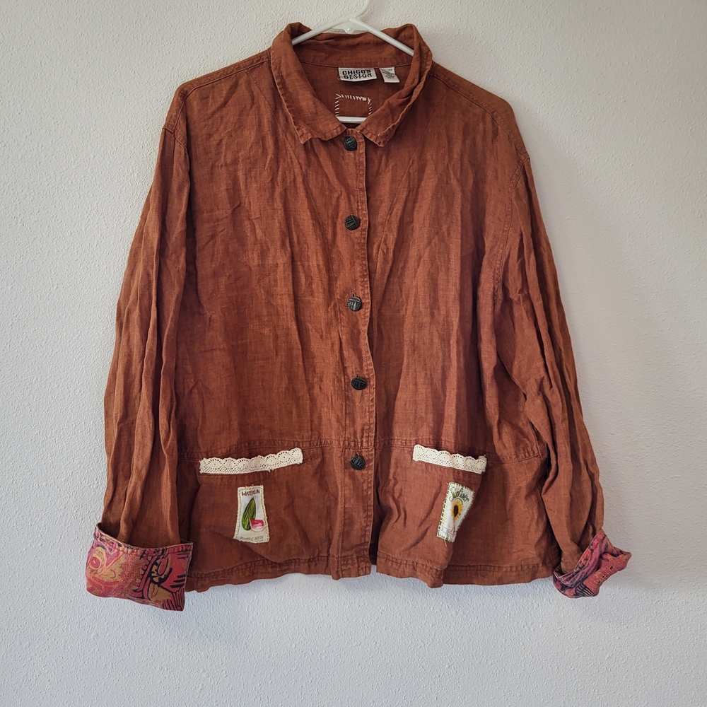 Boho Linen Button-Front Jacket In Rust - image 1